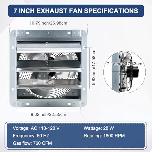 Criditpid 7 Inch Wall Mounted Shutter Exhaust Fan with ON/OFF Switch, High-Speed, Low-Noise Pure Copper Motor, Wall Exhaust Fan for Gable, Shed, Garage, Greenhouse, Kitchen, Attic, 760 CFM, 1600 RPM. - size: 7 Inch Exhaust Fan