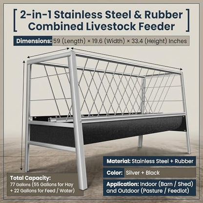 77 Gallon Stainless Steel Anti-Waste Feeder, Rubber Trough Hay Feeder, Heavy Duty Farm Feeding Device for Goats, Sheep, Calves and Horses Outdoor Use