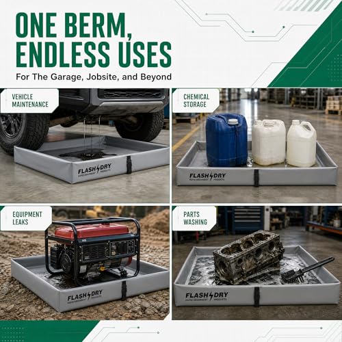 FLASHDRY Portable Spill Containment Berm, Folding Duck Pond 4' x 4', Reusable Oil, Fuel & Chemical Spill Containment Tray, UV-Resistant PVC, Heavy-Duty, Quick & Easy Setup, Garage & Industrial Use - color: Grey