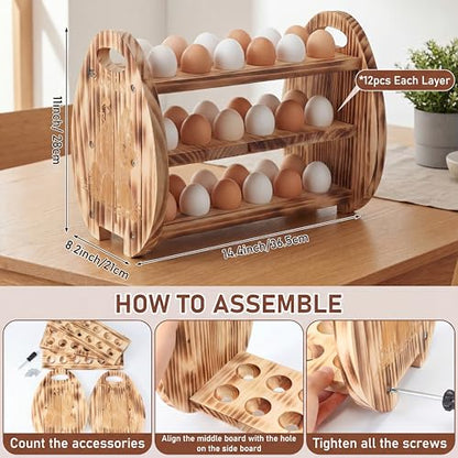 Egg Holder Countertop, 3 Tier /36 Hole Wooden Fresh Egg Storage Holder, Wood Collecting Tray Racks Engraved Farm Panel Rustic Farmhouse Organizer with Handle for Kitchen Easter Display Store