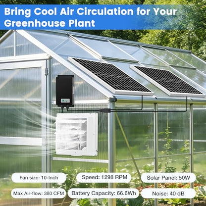 Fanspex Solar Exhaust Fan, Solar Powered Vent Fan Kit for Outside Greenhouse Shed Chicken Coop (10" Fan with Battery) - size: 10" Fan Large