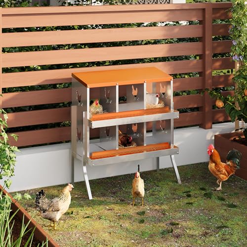 Chicken Nesting Box,6 Compartments Galvanized Steel Metal Chicken Laying Box with Roll Out Egg Collection,Wall Mount Chicken Nesting Boxes,Easy Egg Collection, Hen Roosting Boxes - color: Orange, size: 6 Holes with Legs