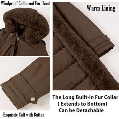 RISISSIDA Women Winter Parka Puffy Coat for Deep Cold,Thicken Puffer Jacket with Long Fur Collar Hooded,Warm Bubble Overcoat - color: Dark Coffee, size: Small