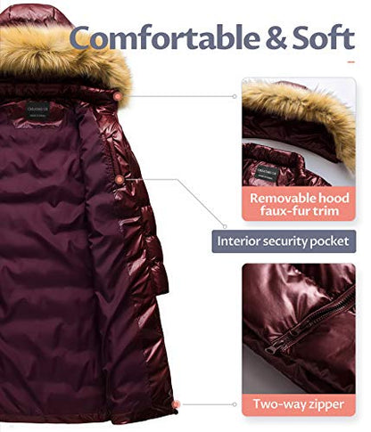 CREATMO US Women's Long Winter Faux Fur Coat Puffer Warm Jacket with Detachable Hood - color: Shine Wind Red, size: X-Large
