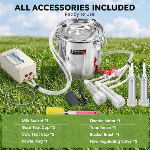 2 in 1 7L Goat Milking Machine, Electric Vacuum Pulsation Milker, Handheld Portable Milking Machine for Cows with 4 Teat Cups (for Goat Cow Battery)