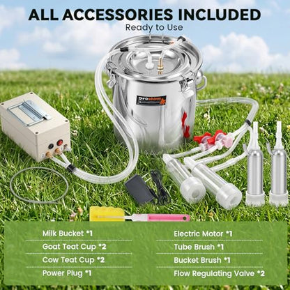 2 in 1 7L Goat Milking Machine, Electric Vacuum Pulsation Milker, Handheld Portable Milking Machine for Cows with 4 Teat Cups (for Goat Cow Battery)