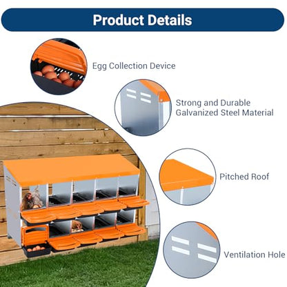 Nesting Boxes for Chickens, 10 Compartments Chicken Nesting Box, Chicken Laying Boxes with Lid Cover, Roll Away Nesting Box for Chickens Laying Egg, Orange