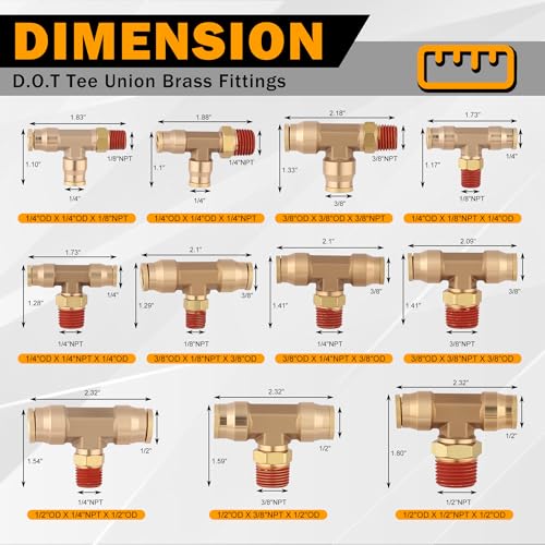 1/2" Brass Push to Connect Fittings 3PCS, 1/2" OD Tube x 1/2" NPT Thread Tee Union DOT Air Fittings Air Brake Line Fittings Brake Connector for Truck Trailers Industry Air System - size: 1/2" OD & 1/2" NPT, style: NPT Tee