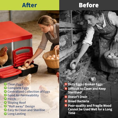 PioneerWorks Chicken Nesting Boxes for Laying Eggs, 3 Compartment Metal Hen Nest Box with Swing Perch & Rollout Egg Collection, Red Chicken Coop Accessories, Easy to Clean, Durable Design