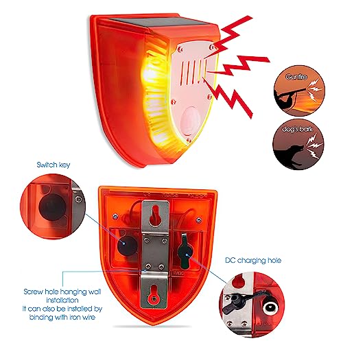 Solar Motion Sensor Alarm Outdoor: Solar Security Alarm Lights with Dog Barking & Gunshot Sound, 129db Loud Noise Maker, Strobe Light Warning Lamp with USB Cable, for Home, Villa,Farm,Barn,Yard