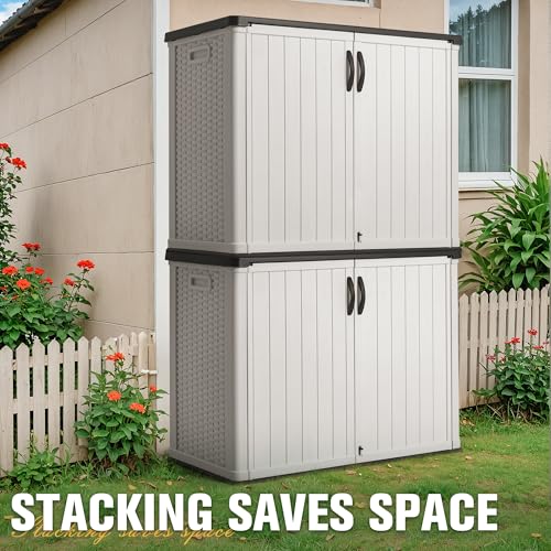 Greesum Outdoor Horizontal Storage Sheds 26 Cu.ft Resin Large Storaged Box Weather Resistance, Without Shelf, Easy to Assemble, Prefect for Garden, Patios, Backyards, White