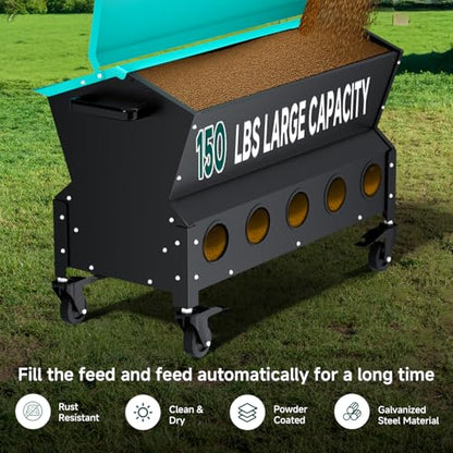 Heavy Duty Chicken Feeder 120 lbs Large Capacity, Metal Automatic Poultry Feeding Box with Waterproof Lid, Raised Standing Feeder with Wheels for Hens & Roosters, Portable & Easy to Move - color: Green