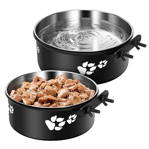 Dog Crate Bowls Hanging 2 Pack, ShineMe Hanging Food and Water Bowl for Dog Cage, Crate, Kennel - No Spill Metal Feeder Crate Bowls for Large and Medium Dogs (7.1x2.9” & 6.2x2.6”) - color: Black, size: L (54oz+34oz)