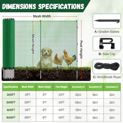3x50 FT Temporary Fence for Backyard,Temporary Fence with with 9 Fiberglass Posts,Windbreak Rope,Ground Peg,Plastic Garden Fence,Safety Barrier Fence Roll for Backyard Outdoor Animal Protect - size: 3x50FT
