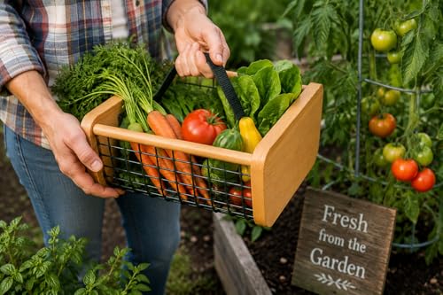 Garden Hod Harvest Basket – Wood & Wire Harvest Basket for Collecting Vegetables, Fruits, Flowers & Eggs, Rustic Farmhouse Basket with Solid Wood Ends for Garden, Kitchen Storage & Decorative Display