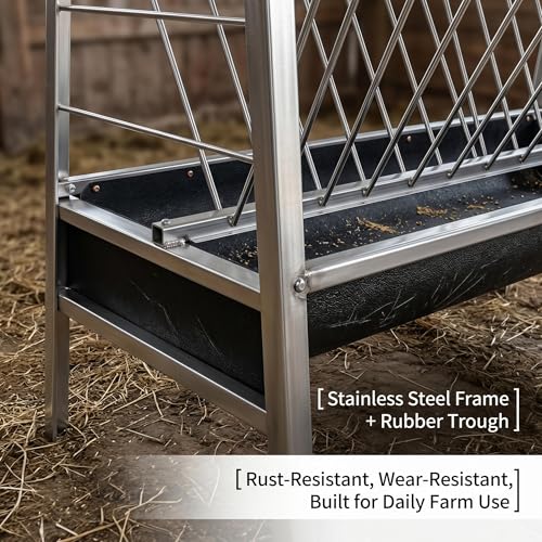77 Gallon Hay Feeder, Stainless Steel Goat Feeder for Goats Sheep Calves and Horses, Anti-Waste Goat Feeder with Rubber Trough Livestock Feeder