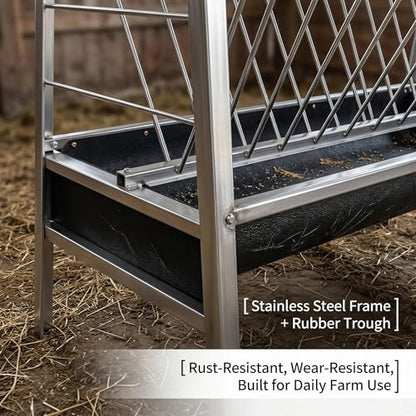 77 Gallon Hay Feeder, Stainless Steel Goat Feeder for Goats Sheep Calves and Horses, Anti-Waste Goat Feeder with Rubber Trough Livestock Feeder