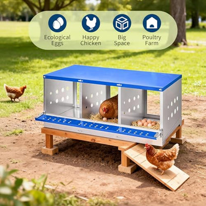Chicken Nesting Box, 3 Compartment Nesting Boxes for Chickens, Durable Galvanized Steel, Ventilated with Dot Holes, Non-Slip, Wall Mountable Nesting Boxes for Chicken, Partitioned Design, Blue - size: 3 Compartment