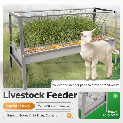 Pasture Hay Feeder 2 in 1 55 Gallon Livestock Feed Trough with 22 | Gallon Feed Pan Hay Grain Livestock Feeder for Sheep, Calf, Cow and Horse - color: Silvery
