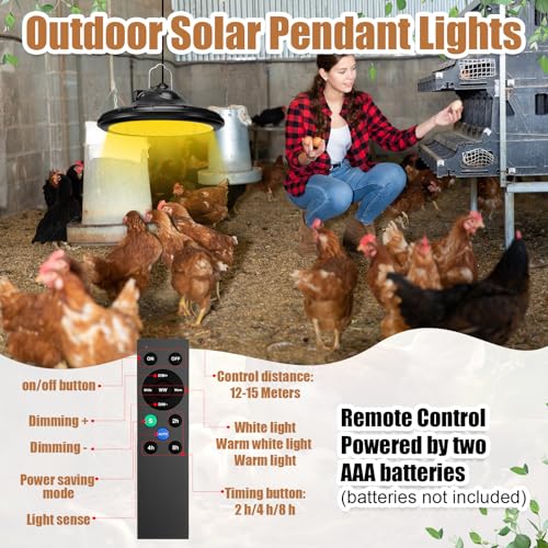 2 in 1 Solar Chicken Coop Light with Timer 6 Pcs Nesting Pads, Hanging Ceiling Pendant Heating Light for Poultry Farms Rechargeable Waterproof Solar Shed Lights for Bullpen Pig Yard Patio
