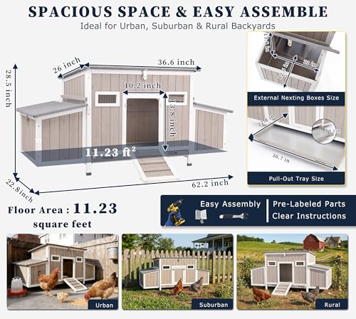 Gowoodhut Outdoor Chicken Coop Wooden Hen House Hens Coop for Backyard Poultry Tractor for 2-4 Chickens with Weatherproof Asphalt Roof, 4 Nesting Box, 2 Roosting Bar, Pull-Out Tray (Coop84 NoRun) - size: 62.2"L x 22.8"W x 28.5"H
