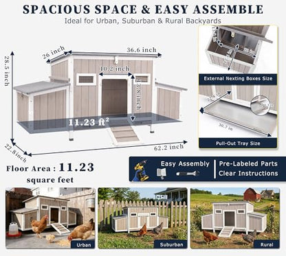Gowoodhut Outdoor Chicken Coop Wooden Hen House Hens Coop for Backyard Poultry Tractor for 2-4 Chickens with Weatherproof Asphalt Roof, 4 Nesting Box, 2 Roosting Bar, Pull-Out Tray (Coop84 NoRun) - size: 62.2"L x 22.8"W x 28.5"H