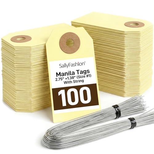 SallyFashion 100 Pack Manila Shipping Tags with Wire, 2 3/4" x 1 3/8" Heavy-Duty Inventory Tags with Reinforced Hole, Blank Paper Hang Labels for Retail, Garage Sale & Parts