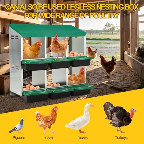 Chicken Nesting Box, 6 Hole Metal Nesting Boxes for Chickens with Roll Away Egg Collection, 2 Tier Chicken Laying Box, Removable Trays & Swing Perch for Backyard Coop and Laying Hens - size: 6 Holes with Legs