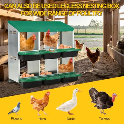 Chicken Nesting Box, 6 Hole Metal Nesting Boxes for Chickens with Roll Away Egg Collection, 2 Tier Chicken Laying Box, Removable Trays & Swing Perch for Backyard Coop and Laying Hens - size: 6 Holes with Legs