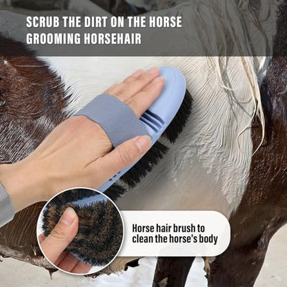 Horsehair Horse Brush for Grooming Flexible Horse Finishing Brush | Horsehair Bristles,Flexible TPR Brush Back,Head&Face&Body Horse Grooming Brush,Gentle Remove Loose Hair Dust Dirt