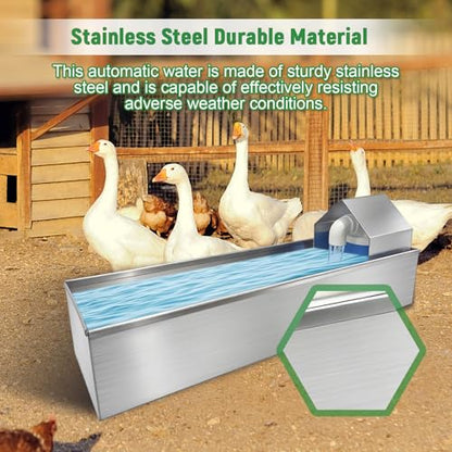 Automatic Chicken Waterer Dispenser Stainless Steel Poultry Waterer Dispenser with Float Valve Kit and Drain Hole Hanging Chicken Watering System for Hen Pigeon Duck Goose Turkeys
