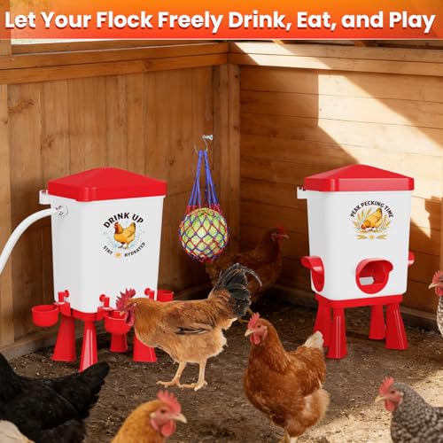 3 Gallon Chicken Feeder and Waterer Set, Large Chick Water with Automatic Float Valve, No Waste Poultry Feeding and Watering System, 4 Cups & 3 Ports, Chicken Coop Accessories for Pigeons Quail, Red