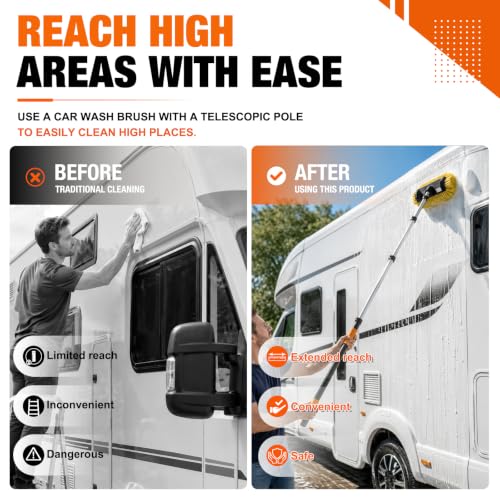 LAANPOLE 16FT Car Wash Brush with Long Handle, Car Cleaning Brush with 12 Inch Soft Bristle, Solar Panels Cleaner with Telescoping Pole for RV, Truck, Boat