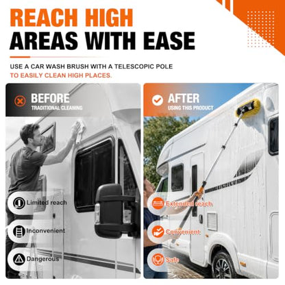 LAANPOLE 16FT Car Wash Brush with Long Handle, Car Cleaning Brush with 12 Inch Soft Bristle, Solar Panels Cleaner with Telescoping Pole for RV, Truck, Boat