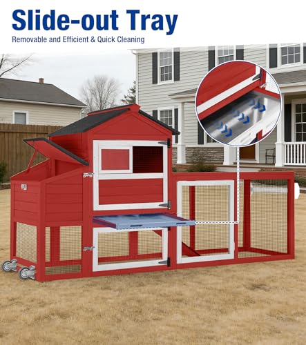 Chicken Coop with Run Mobile Chicken Coop with Wheels Duplex Hen House with Nesting Box Slide-Out Cleaning Tray Predator-Resistant Chicken Cage for Outdoor Backyard Red - color: Red
