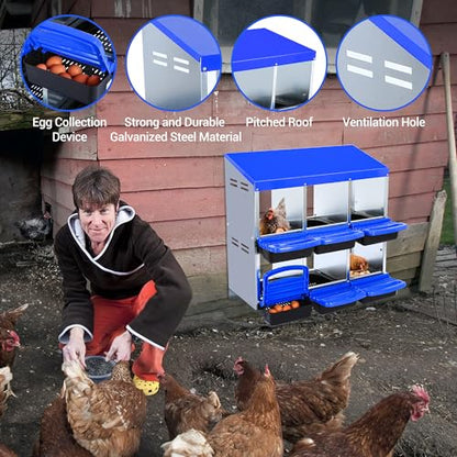 Chicken Nesting Box 6-Hole Roll Away Egg Laying Box with Lid, Galvanized Steel Rustproof Poultry Coop Box, Wall Mountable No Bracket Needed for Hens, Blue - color: Blue, size: 6 holes