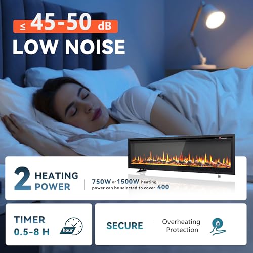 EUHOMY 60 Inch Electric Fireplace Recessed Wall Mounted Freestanding with Remote Control, Ultra-thin Fireplace Heater with Adjustable Flame Color, Linear Fireplace with Timer, Log & Crystal, 750/1500W - size: 60 Inch Premium