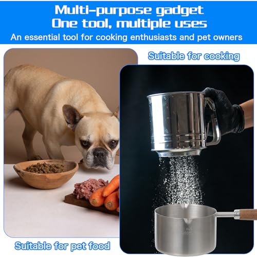 Telooco Cat Dog Food Scoop 1 Cup, 304 Stainless Steel Dog Food Measuring Cup with Measuring Lines (Cup/ML) & Long Wooden Handle, Dishwasher Safe