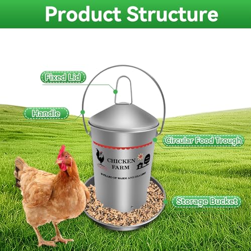 6.6 Lb Stainless Steel Poultry Feeder, Automatic Chicken Feeder No Waste, Hanging Chicken Feeder Heavy Duty Reliable Long-Lasting with Handle, Top Filled - size: 3KG/6.6 LB