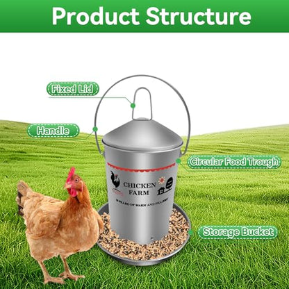 6.6 Lb Stainless Steel Poultry Feeder, Automatic Chicken Feeder No Waste, Hanging Chicken Feeder Heavy Duty Reliable Long-Lasting with Handle, Top Filled - size: 3KG/6.6 LB