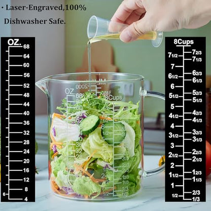 Ackers BORO3.3 Borosilicate Glass Measuring Cup with Insulated Handle, V-Shaped Spout, Clear, 2000ml/64oz Capacity, Etched Graduation, Easy to Read - size: 2000 ML (64 Oz, 8 Cup) - Etched Graduated