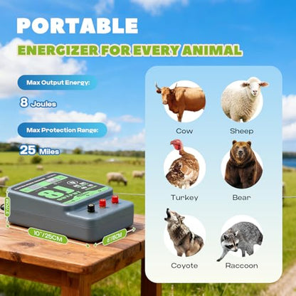 8J Electric Fence Charger AC DC Powered Fence Controller 2 in 1 Fence Energizer Electric with 8 Joules Output &7-13KV Adjustable, Alarm Function, 40KM Range for Livestock/Farmland/Garden (8J)