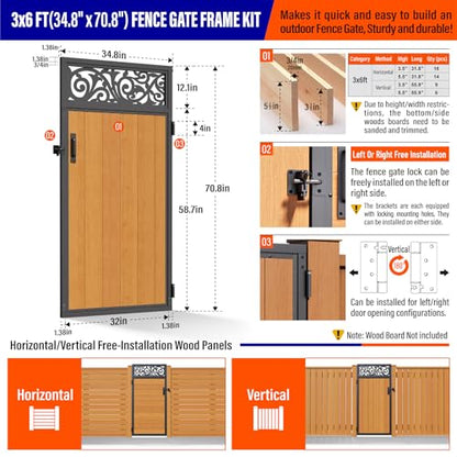 3x6FT (34.8" W X 70.8" H) 201 Stainless Steel Anti Sag Wooden Fence Gate Kit Heavy Duty Garden Gate Frame Hardware Kit Reinforcement (Left/Right Free-Installation) - size: W3xH6 FT-European