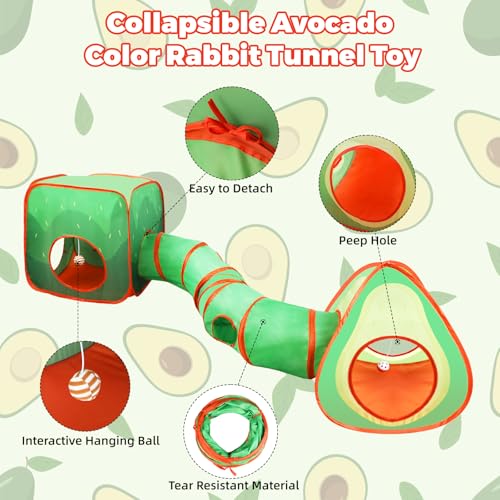 YUEPET Rabbit Tunnel and Cube Collapsible Tent Bunny Interactive Crinkle Tunnel Toys Small Animal Hideout with Play Ball for Dwarf Rabbit Bunny Guinea Pig (Avocado) - color: Avocado
