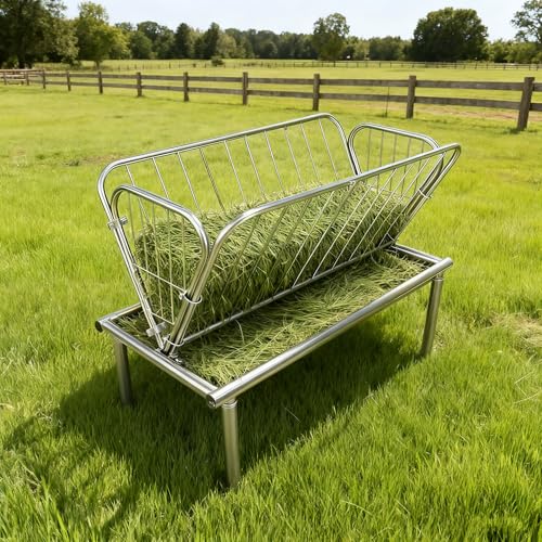 4 Ft Long Pasture Feeder, Durable Hay Feeder with Galvanized Steel Frame, 2 in 1 Design for Livestock Feeder and Grains, Perfect for Goats and Horses (Silver Galvanized Steel) - color: Silver Galvanized Steel