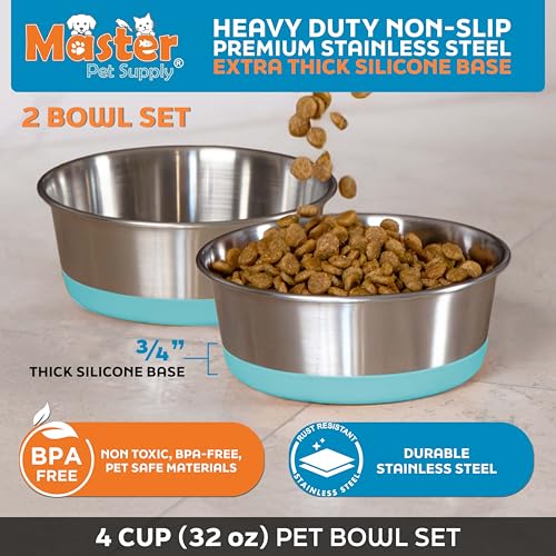 Master Pet Supply Stainless Steel Dog Bowls Set of 2 with Extra Thick Silicone Base - 4 Cup (32 oz) Aqua Sky, Non-Slip, Dishwasher Safe Metal Bowls, Pet Dog Food Bowl for Dogs, Cats, Anti Rust - color: Aqua Sky, size: 4 Cups (32 oz) 2 Pack