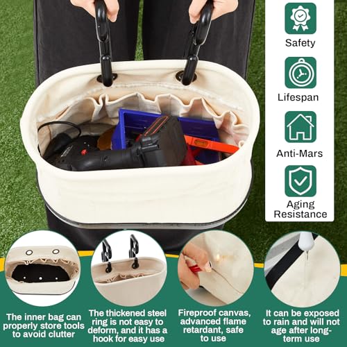 Vesici 1 Set Canvas Bucket Bag Including Hooks Aerial Oval Tool Bucket with Black Polypropylene Bottom 15 Pockets Lineman Tool Bag Organizer for Industrial Maintenance Construction Sites (White) - color: White