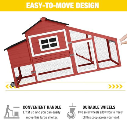 Aivituvin Chicken Coop for 2-4 Chickens with Wheels Outdoor Chicken House Mobile Large Poultry Cage Pull Out Tray No Leakage - color: Red