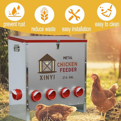 XINYI Automatic Metal Chicken Feeder, 27.6 Gallon Large Capacity with 10 No Waste Ports, Gravity Feeder with Locking Lid & Riveted Handles, Rodent Proof and Weatherproof for Your Chicken Coop - size: 10 ports