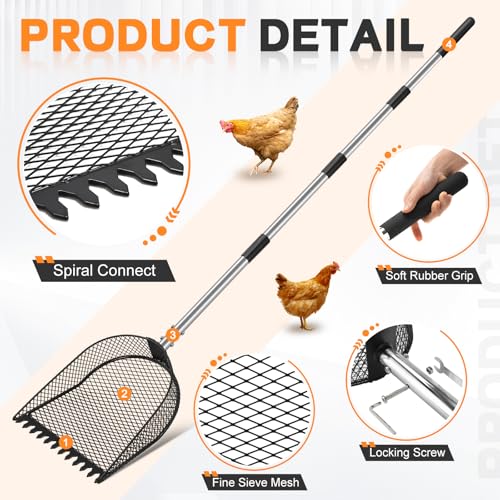 CAROD Metal Chicken Poop Scooper and Rake 2-in-1, Poop Chicken Scoop Sand with Stainless Steel Handle (43-73" Adjustable), Sifter Shovel Chicken Coop Sand Rake for Chicken Coops & Farm Animals - size: medium